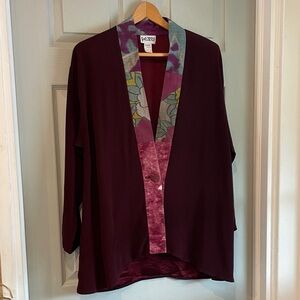 Yasuko Women's M Burgundy Vintage Kimono Silk Trimmed Duster Open Front Cardigan